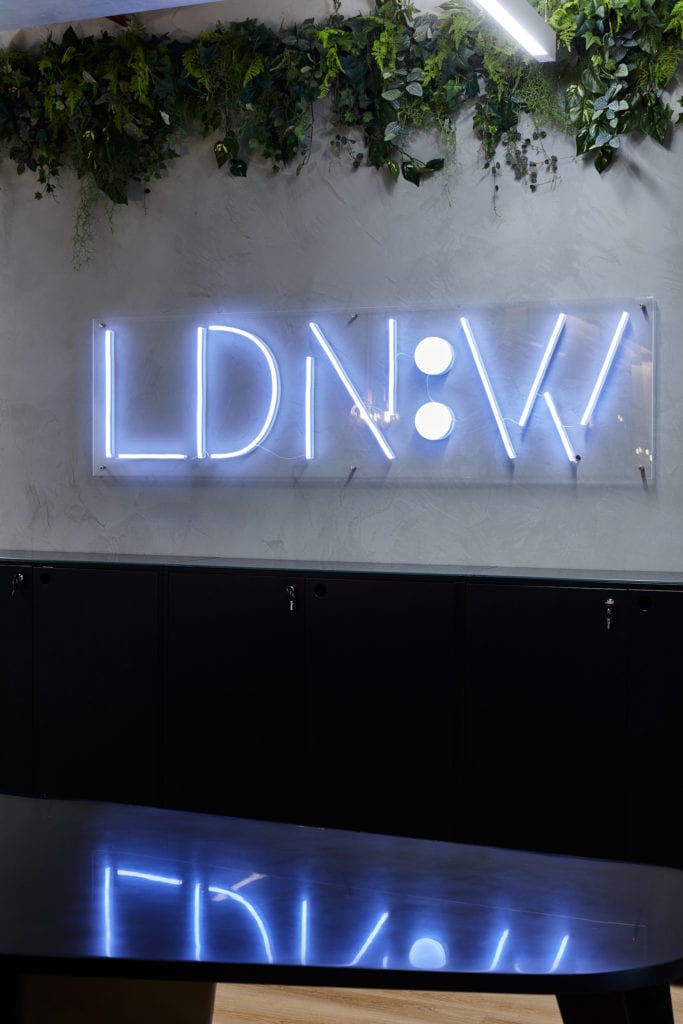 "LDN:W" graphic wall feature lighting.