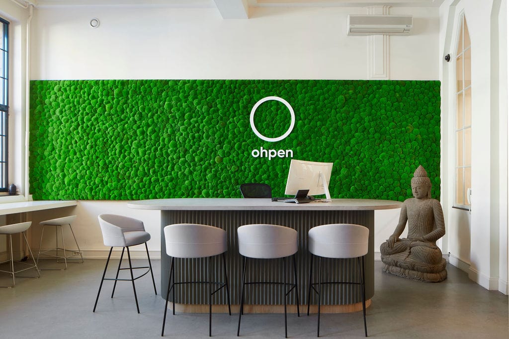 Employee centric workplace design Amsterdam, office reception featuring moss green wall